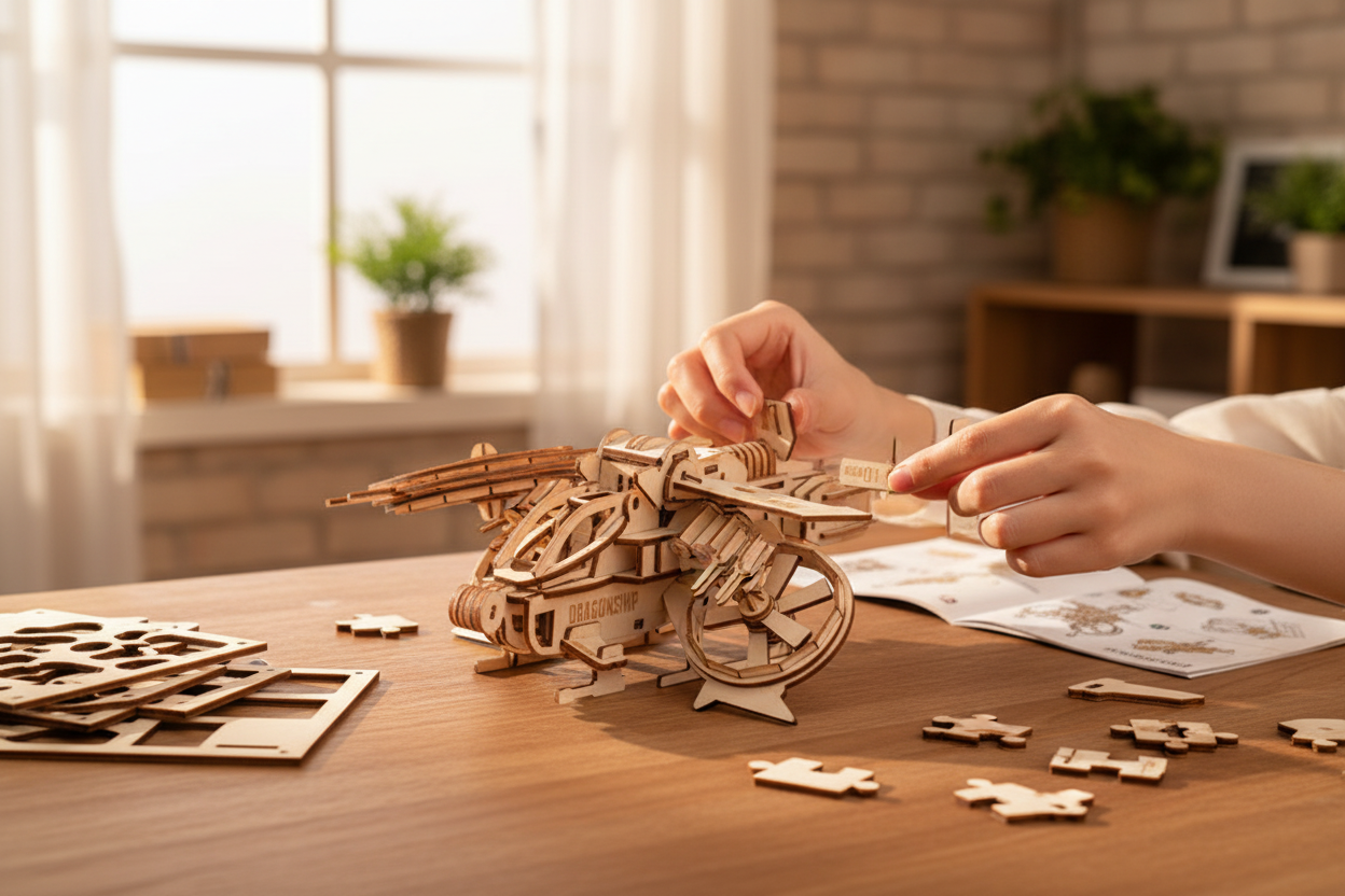 Person assembling a wooden puzzle